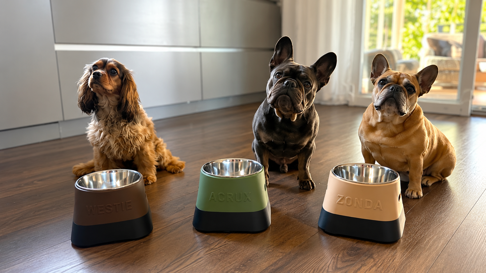 PawNest testpatrull sittande med sina personliga Dinepod-matskålar