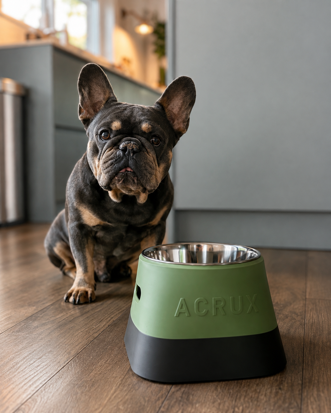 PawNest Dinepod tillsammans med en fransk bulldog